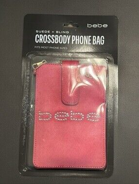 bebe Pink Suede Crossbody Phone Bag with Rhinestone Logo